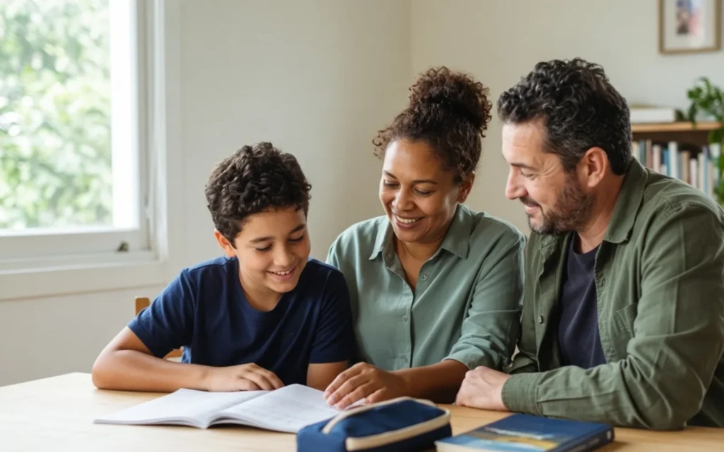 Parent and child discussing an exercise book with a tutor