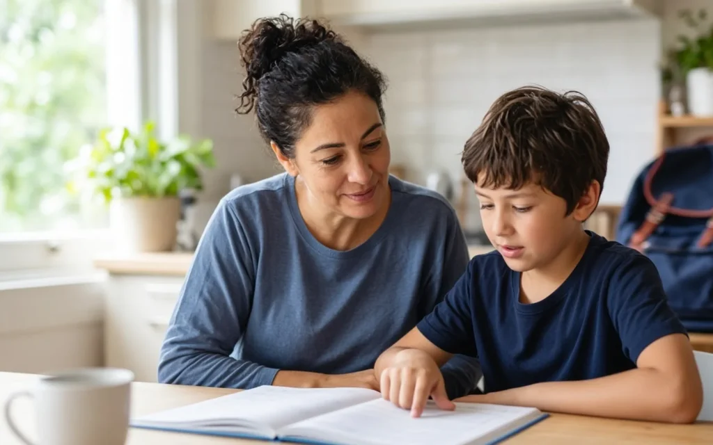 Parent listening as a child explains a homework question