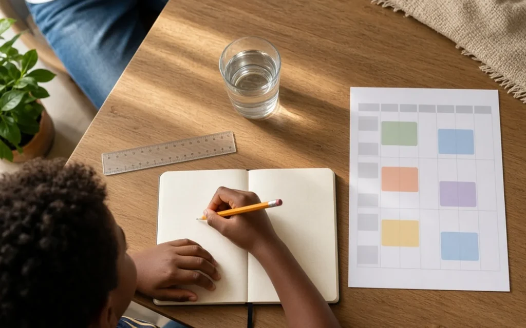Child beginning homework at a table with a notebook and planner