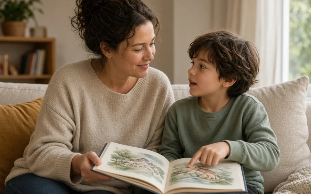 Child discussing an illustrated book with a parent