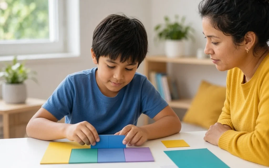Student and tutor exploring fractions with coloured learning pieces