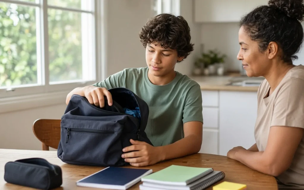 Student organising school materials and packing a backpack