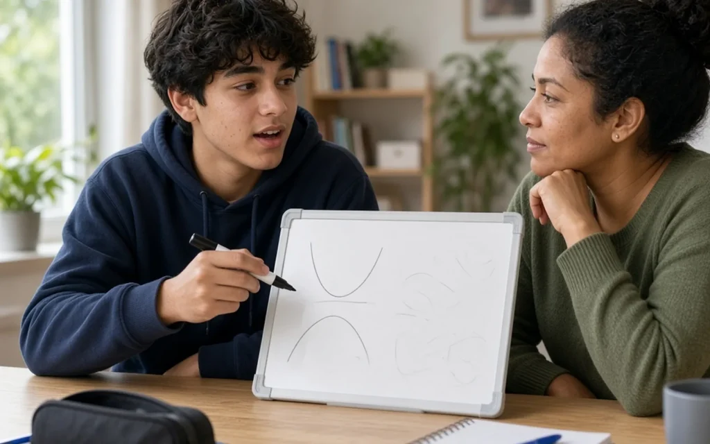 Secondary student explaining Maths working to a tutor
