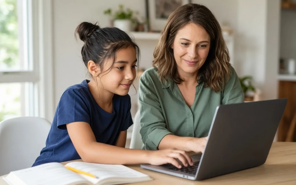 Parent and child becoming familiar with a learning activity on a laptop