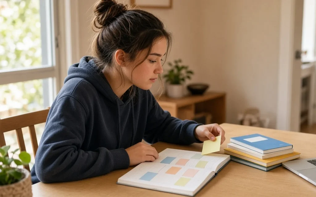 VCE student organising a weekly study planner at a desk