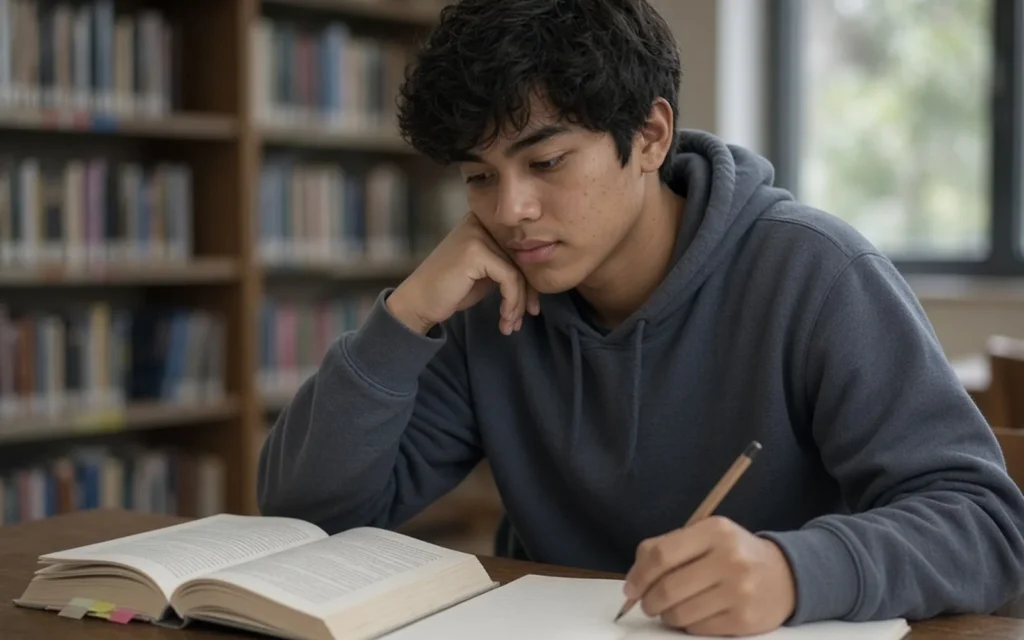 VCE student planning a text response beside an annotated book