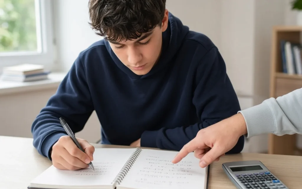 Student checking Maths working beside a calculator with tutor support