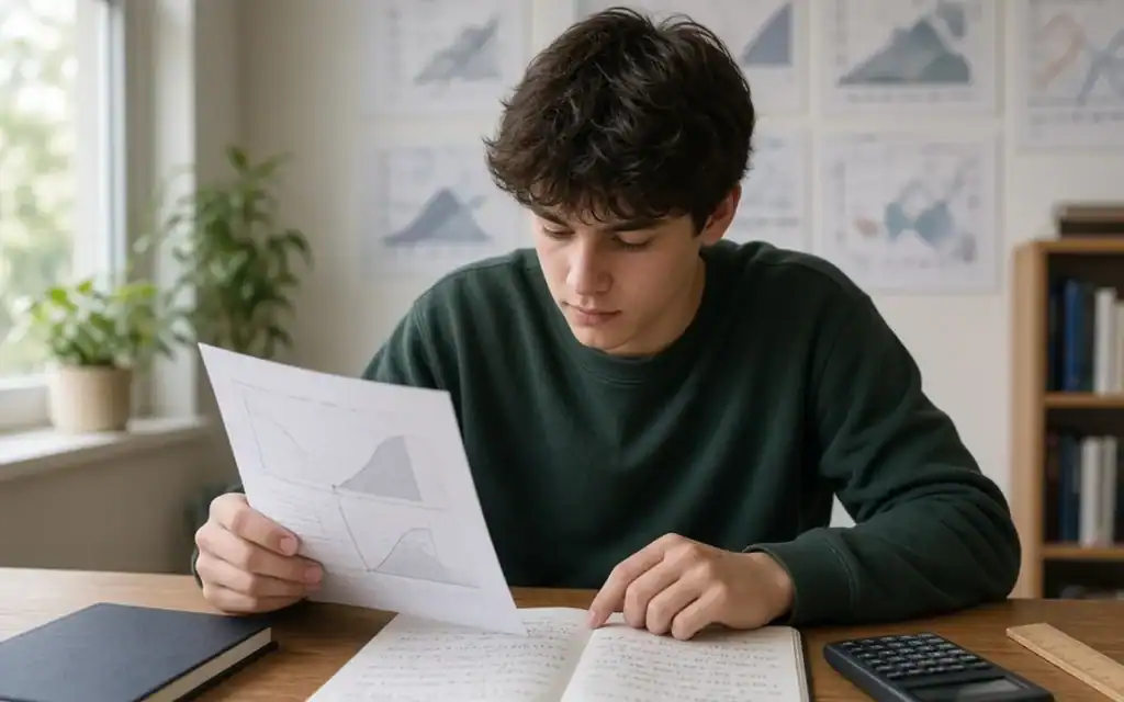 VCE student reviewing a Maths worksheet and calculator working