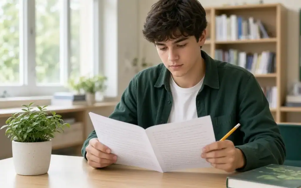 Biology student reviewing written responses and study notes