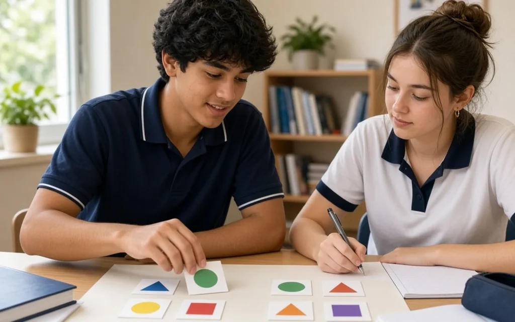 Students discussing a research methods activity with cards and notes