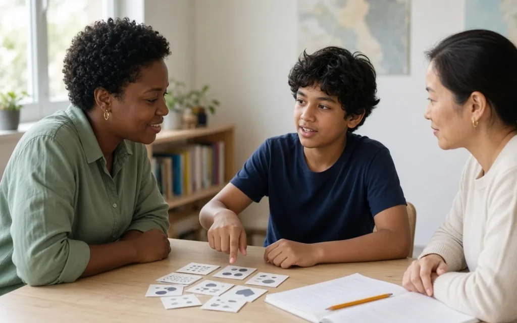 Student explaining a reasoning activity to a tutor and parent