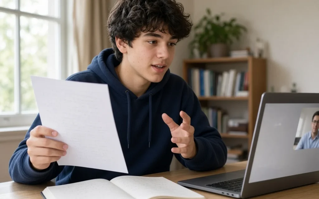 Student sharing written work during an online tutoring lesson